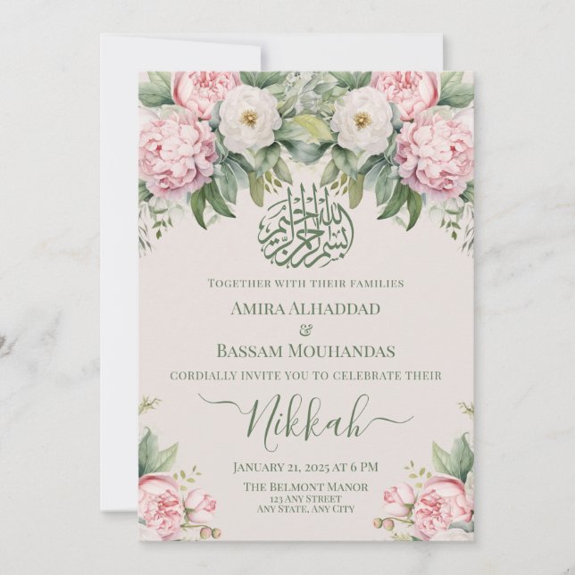 Invitation Élégant rose et blanc Floral musulman Nikkah (Devant)