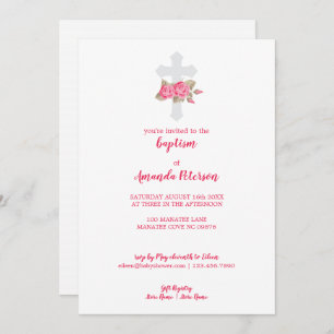 Invitation Élégant rose et blanc Roses Baptême