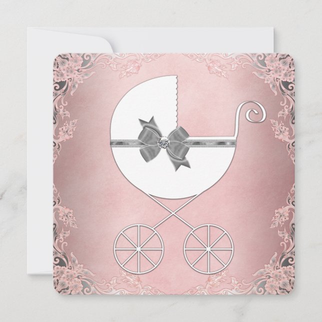 Invitation Elégant rose et gris bébé fille douche (Devant)