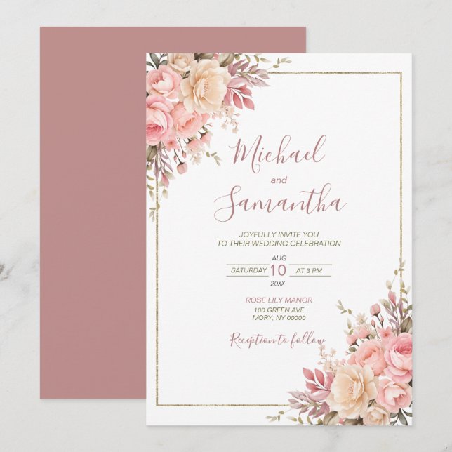 Invitation Elégant rose et ivoire Rose mariage de printemps (Devant / Derrière)