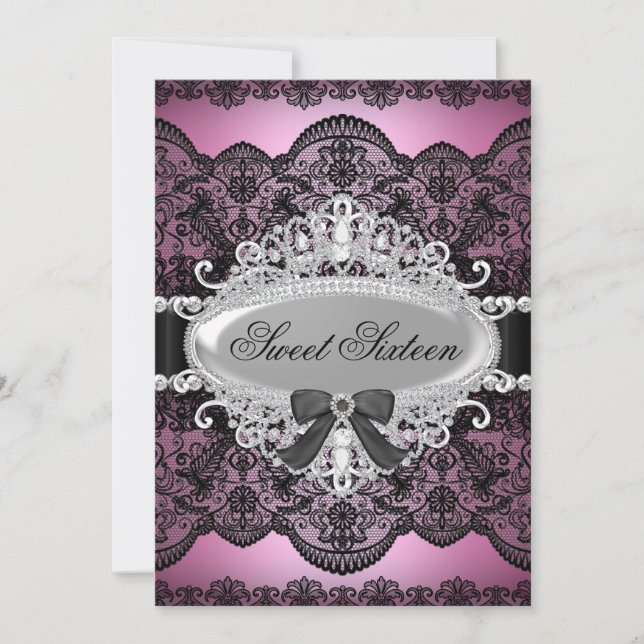 Invitation Élégant rose et noir Diamond dentelle douce 16 Inv (Devant)