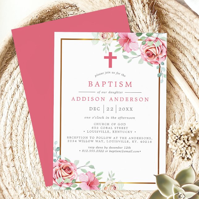 Invitation Élégant rose et or floral avec Baptême croisé (Créateur téléchargé)