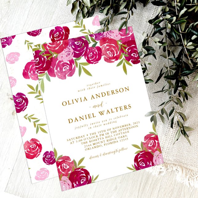 Invitation Élégant rose et violet Rose Floral Feuille Mariage (Créateur téléchargé)