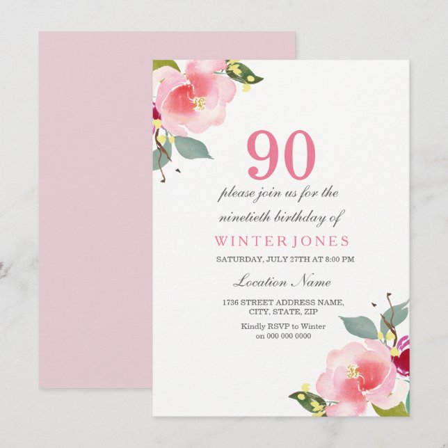 Invitation Elégant rose floral 90e anniversaire de fête Invit (Devant / Derrière)