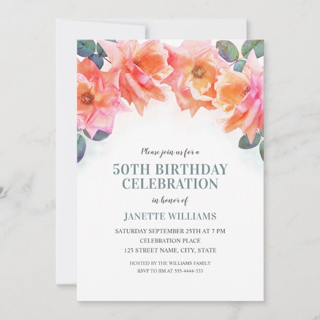 Invitation Elégant Rose Floral Aquarelle 50ème anniversaire (Devant)