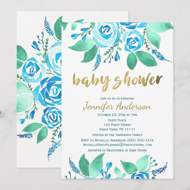 Invitation Elégant Rose Floral Baby shower aquarelle (Devant / Derrière)