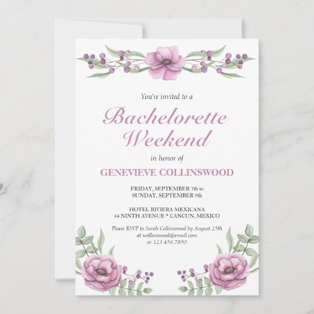 Invitation Élégant rose Floral Bachelorette Week-end Itinérai (Devant)