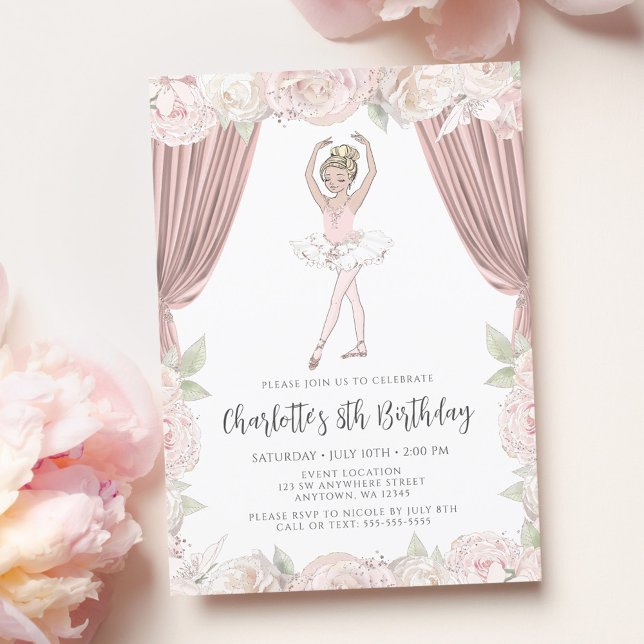 Invitation Elégant rose floral Ballerina Blonde fille Anniver (Créateur téléchargé)