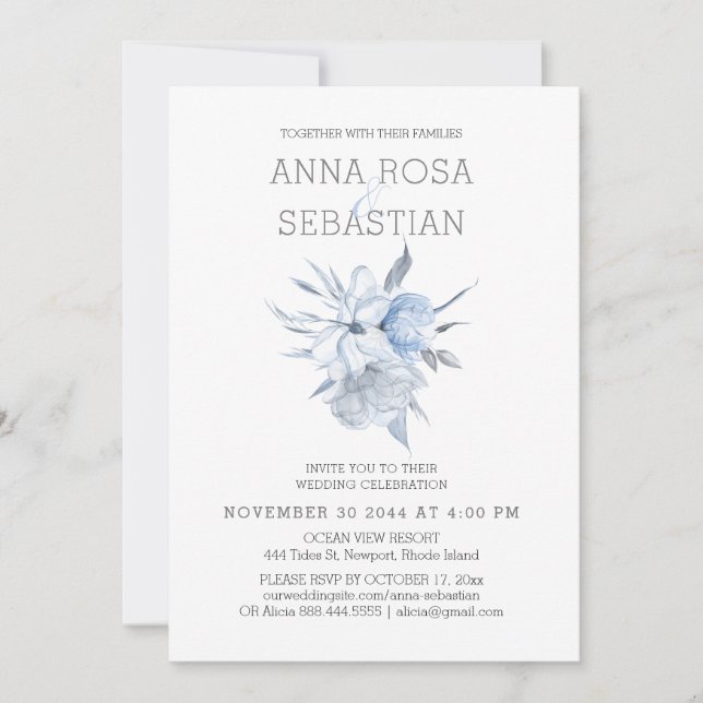 Invitation *~* Elégant Rose Floral Bleu AR15 MARIAGE RSVP + (Devant)