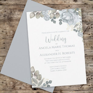 Invitation Elégant Rose floral bleu pâle