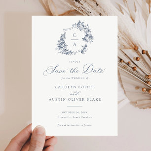 Invitation Élégant Rose Floral Blue Crest Date de sauvegarde