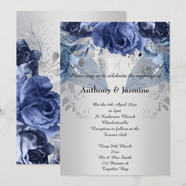 INVITATION ELÉGANT ROSE FLORAL DE LA MARINE SILVER (Devant / Derrière)