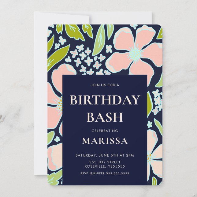 Invitation Elégant rose floral et bleu Bassin d'anniversaire (Devant)