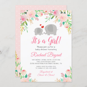 Invitation Élégant rose floral fille Baby shower éléphant