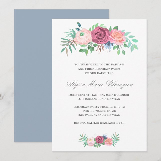 Invitation Élégant rose floral fille Baptême premier annivers (Devant / Derrière)