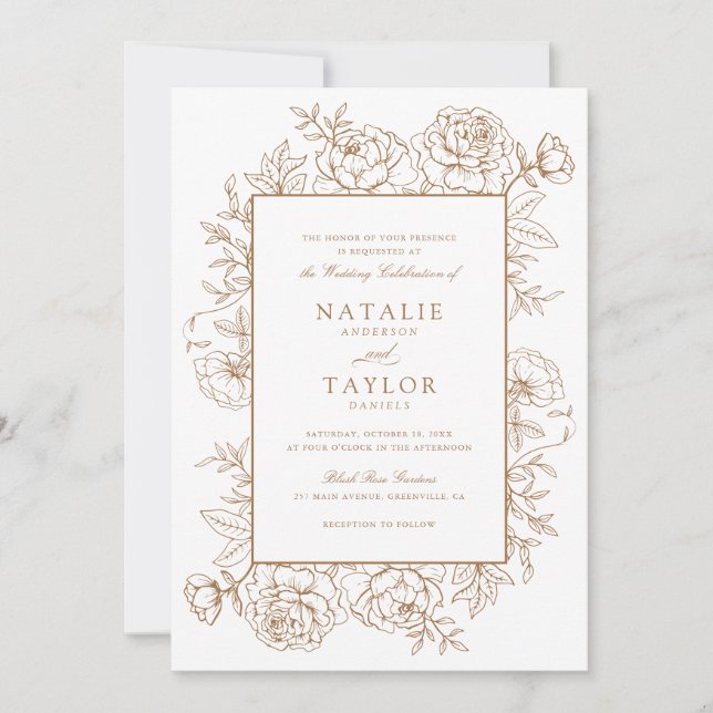 Invitation Élégant Rose Floral Frame Gold Mariage (Devant)