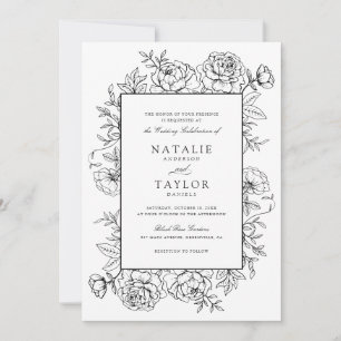 Invitation Elégant Rose Floral Frame noir blanc Mariage