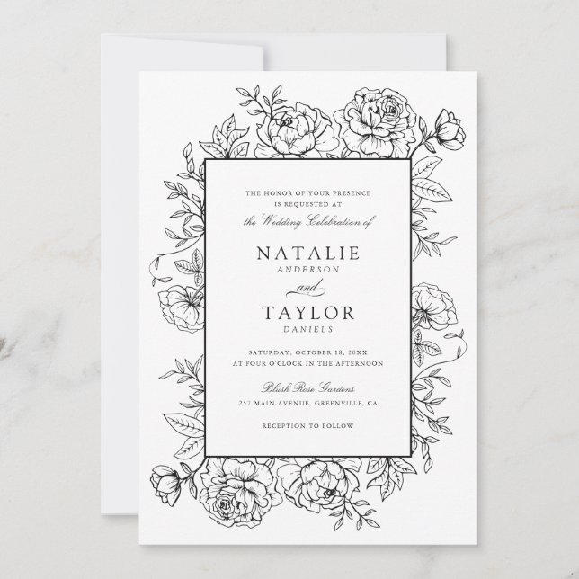 Invitation Elégant Rose Floral Frame noir blanc Mariage (Devant)