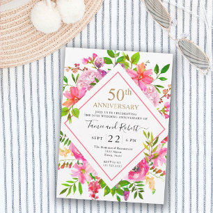Invitation Élégant rose Floral Gold 50e Mariage