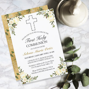 Invitation Elégant Rose Floral Gold Première Sainte Communion