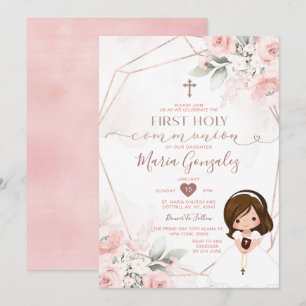 Invitation Élégant rose floral mignon fille première sainte c
