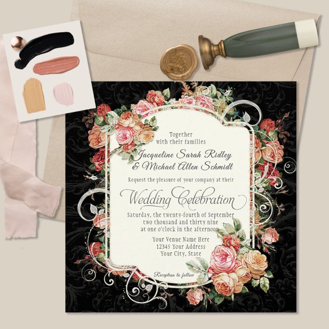 Invitation Élégant Rose Floral Muted Black Peach Blush Gold (Créateur téléchargé)