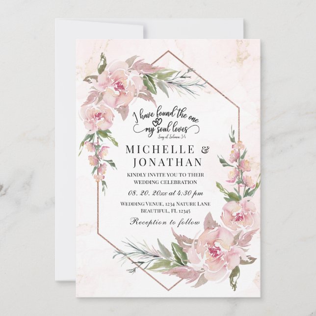 Invitation Élégant rose Floral Or Frame Bible Verse Mariage (Devant)