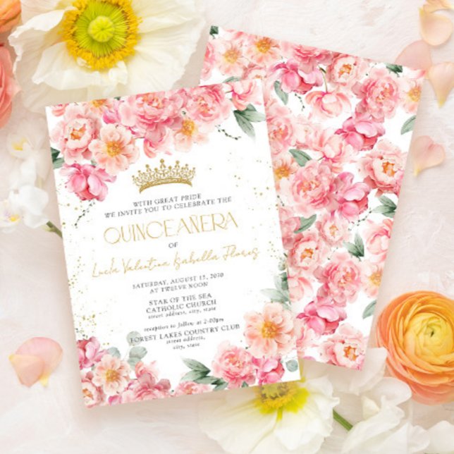 Invitation Elégant rose floral or Tiara Quinceañera (Créateur téléchargé)