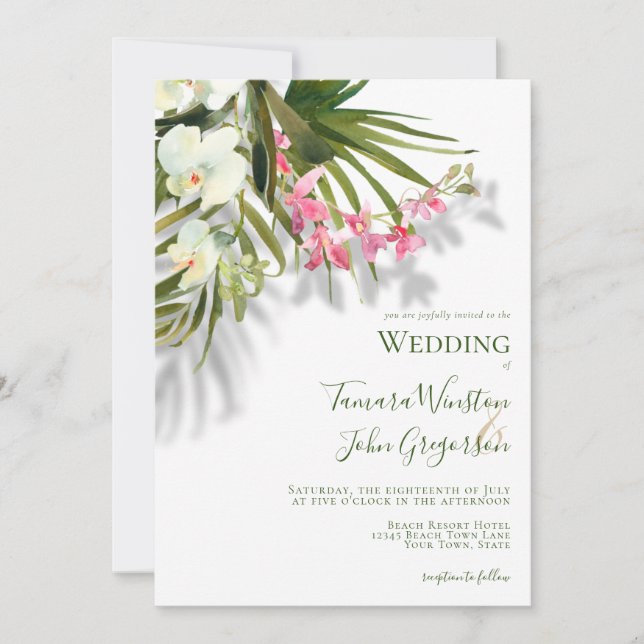 Invitation Elégant rose Floral Palms Ombres Plage Mariage (Devant)