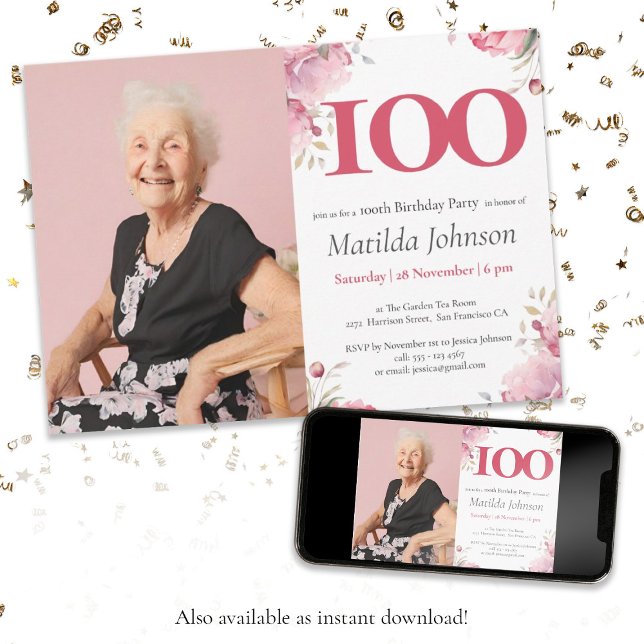 Invitation Elégant rose floral photo 100e fête d'anniversaire (Photo 100th Birthday Elegant Pink Floral Custom Invitation)