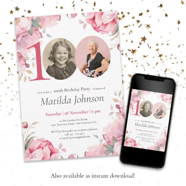 Invitation Elégant rose floral photo 100e fête d'anniversaire (100th Birthday Pink Floral Elegant Custom Photo Invitation)