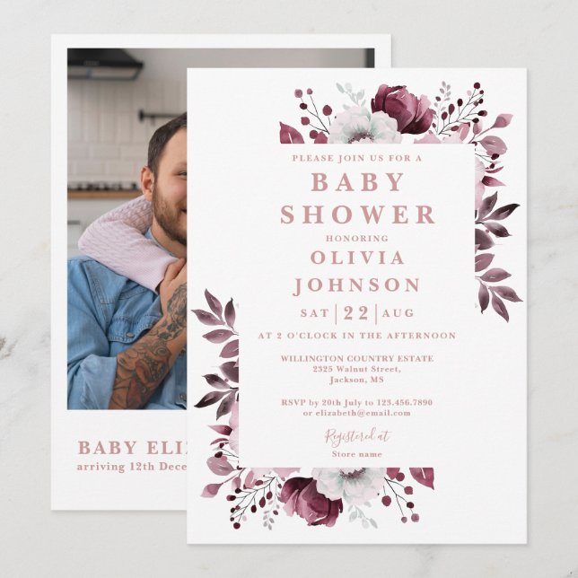 Invitation Élégant rose floral photo QR Code Baby shower (Devant / Derrière)