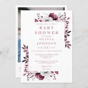 Invitation Élégant rose floral photo QR Code Baby shower