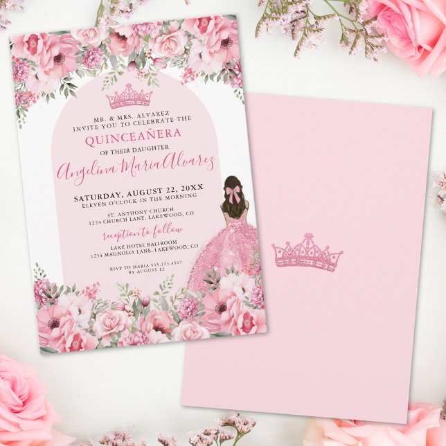 Invitation Élégant Rose floral rose Quinceanera (Elegant Floral Rose Pink Quinceanera Invitation)