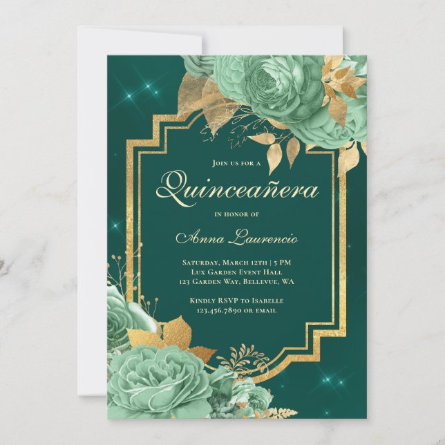 Invitation Élégant Rose Floral Sage Green Gold Quinceanera (Devant)