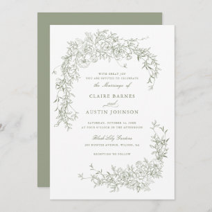 Invitation Élégant Rose Floral Sage Green Mariage Monogramme
