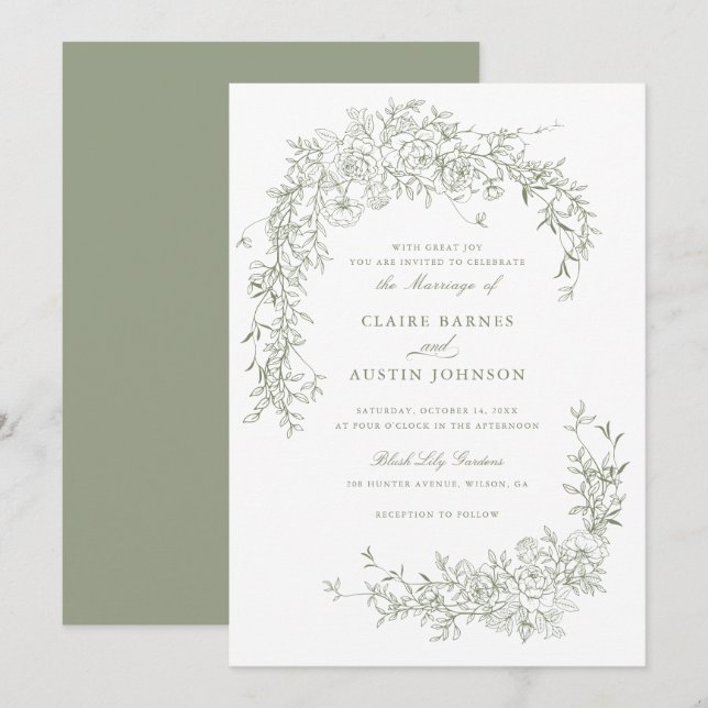 Invitation Élégant Rose Floral Sage Green Mariage Monogramme (Devant / Derrière)