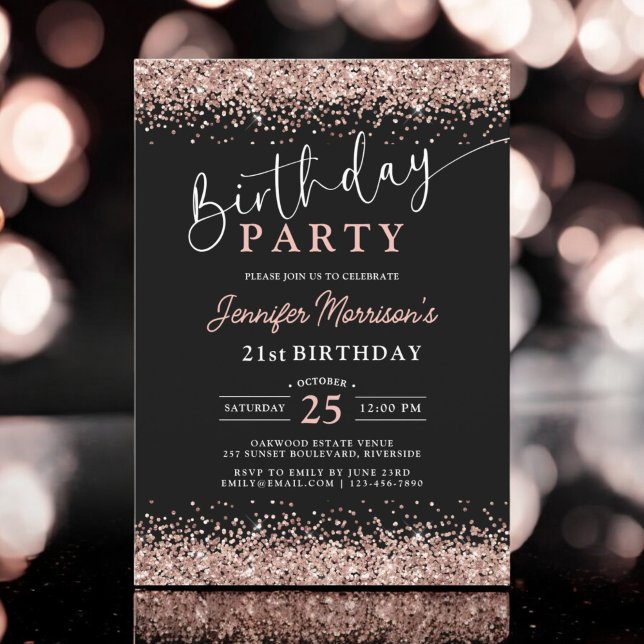 Invitation Elégant Rose Gold Black Parties scintillant 21e an (Créateur téléchargé)