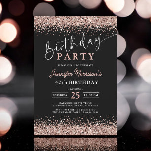 Invitation Elégant Rose Gold Black Parties scintillant 40e an