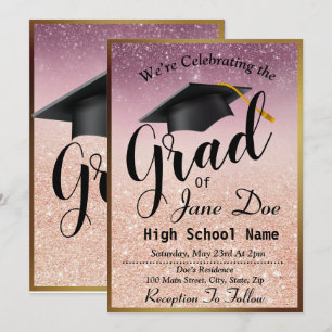 Invitation Élégant Rose Gold & Black Parties scintillant Grad