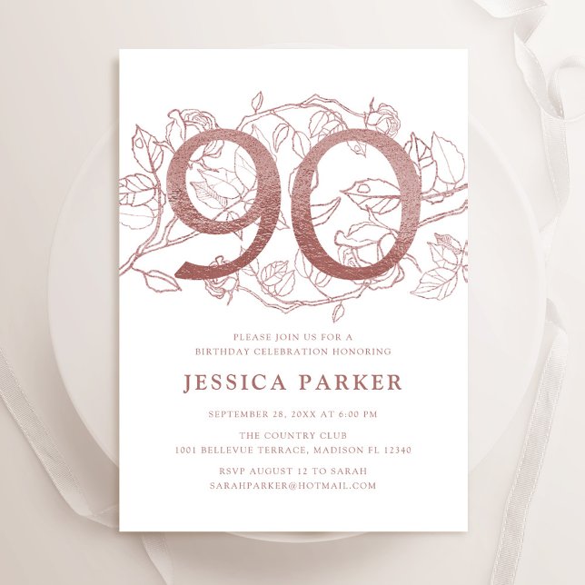 Invitation Elégant Rose Gold Blanc 90e anniversaire (Créateur téléchargé)