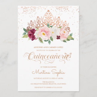 Invitation Elégant Rose Gold Butterfly & Tiara Quinceanera