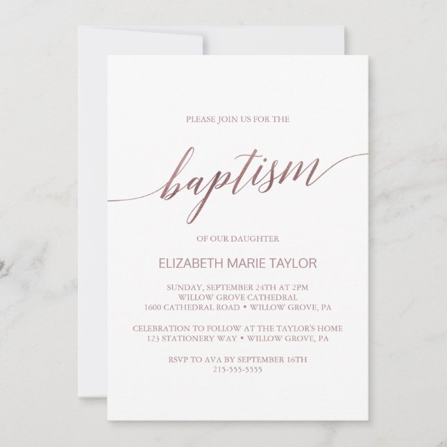 Invitation Élégant Rose Gold Calligraphie Baptême (Devant)