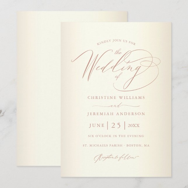 Invitation Élégant Rose Gold Calligraphie Champagne Mariage (Devant / Derrière)