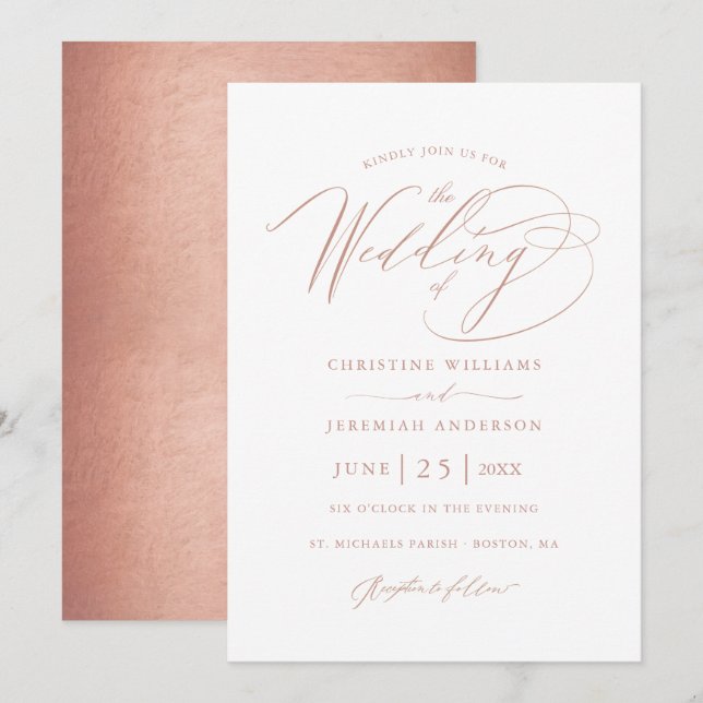 Invitation Élégant Rose Gold Calligraphie Mariage métallique (Devant / Derrière)