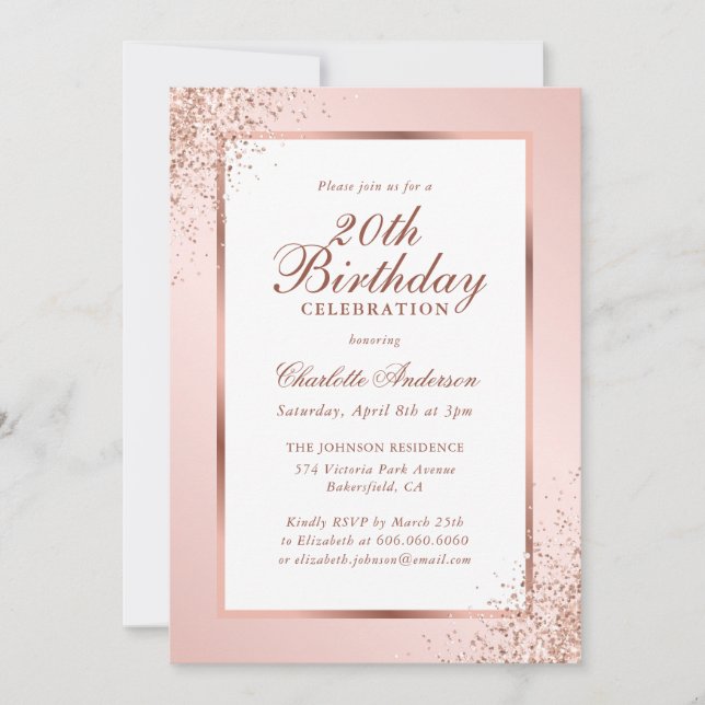 Invitation Elégant Rose Gold Confetti rose 20e anniversaire (Devant)