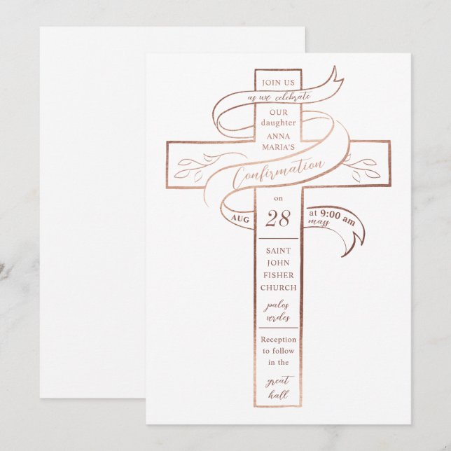 Invitation Elégant Rose Gold Cross Christian Confirmation (Devant / Derrière)
