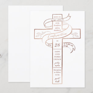 Invitation Elégant Rose Gold Cross Christian Confirmation
