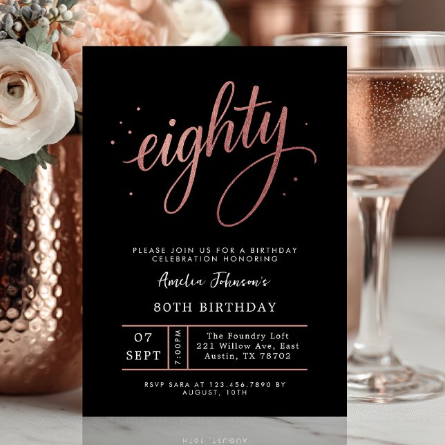 Invitation Elegant Rose Gold Eightieth 80th Birthday (Eighty and fabulous ✨ Celebrate a lifetime of style with this elegant rose gold invitation.)