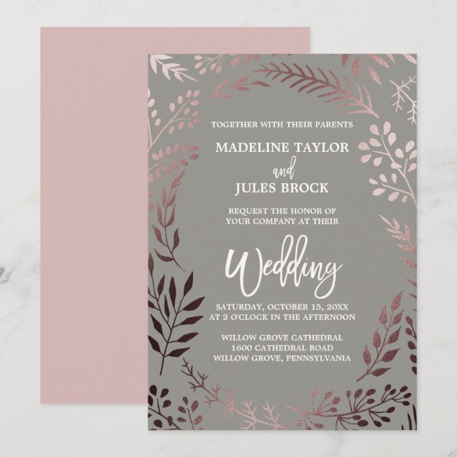 Invitation Elégant Rose Gold et Grey | Mariage de cadre feutr (Devant / Derrière)